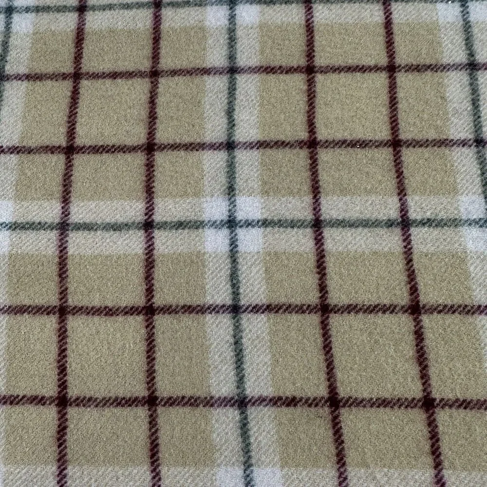 Enzo Montavani Cashmere Scarf Tan Burgundy Plaid Fringe 60